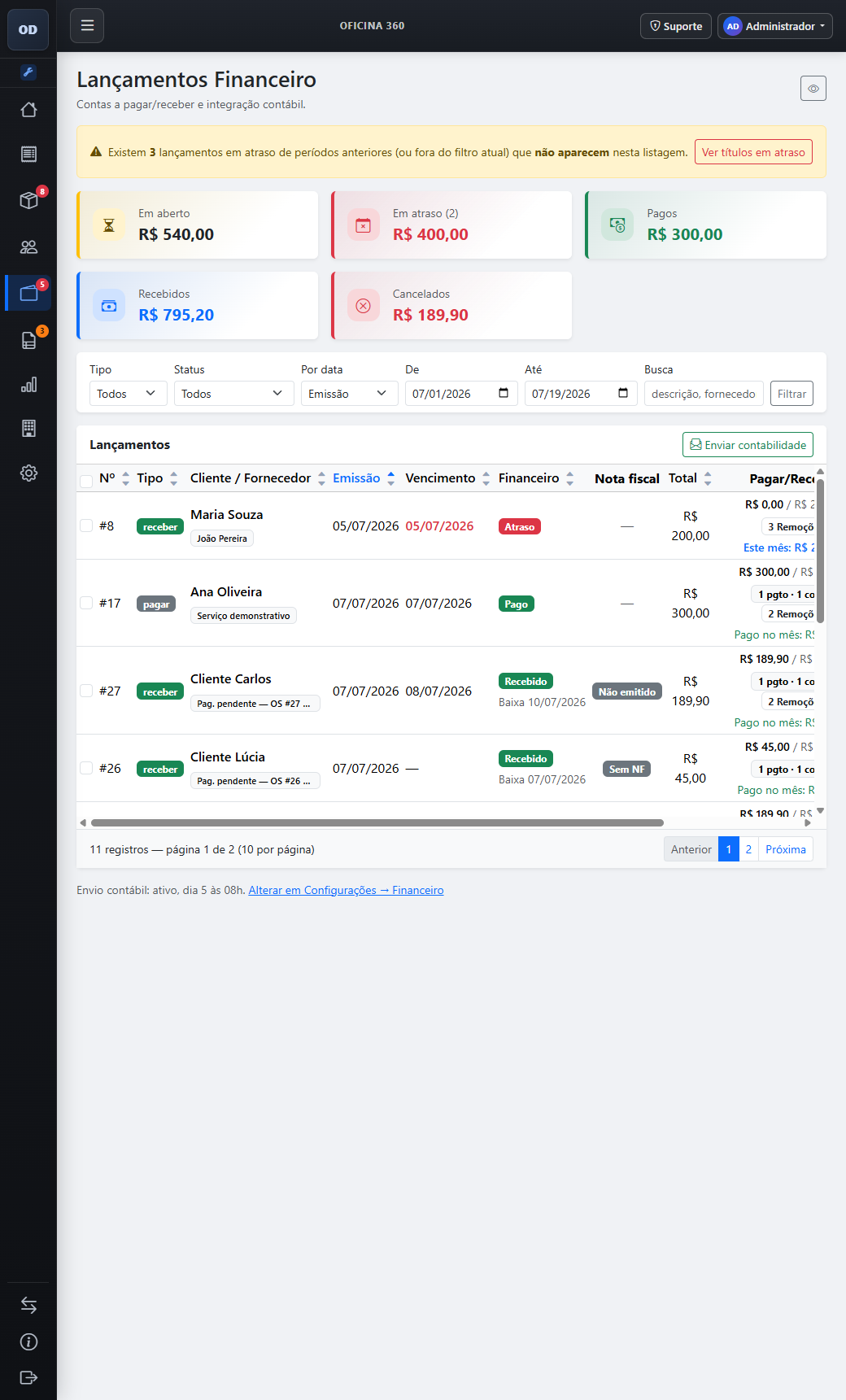 Contas a pagar e receber no Oficina 360