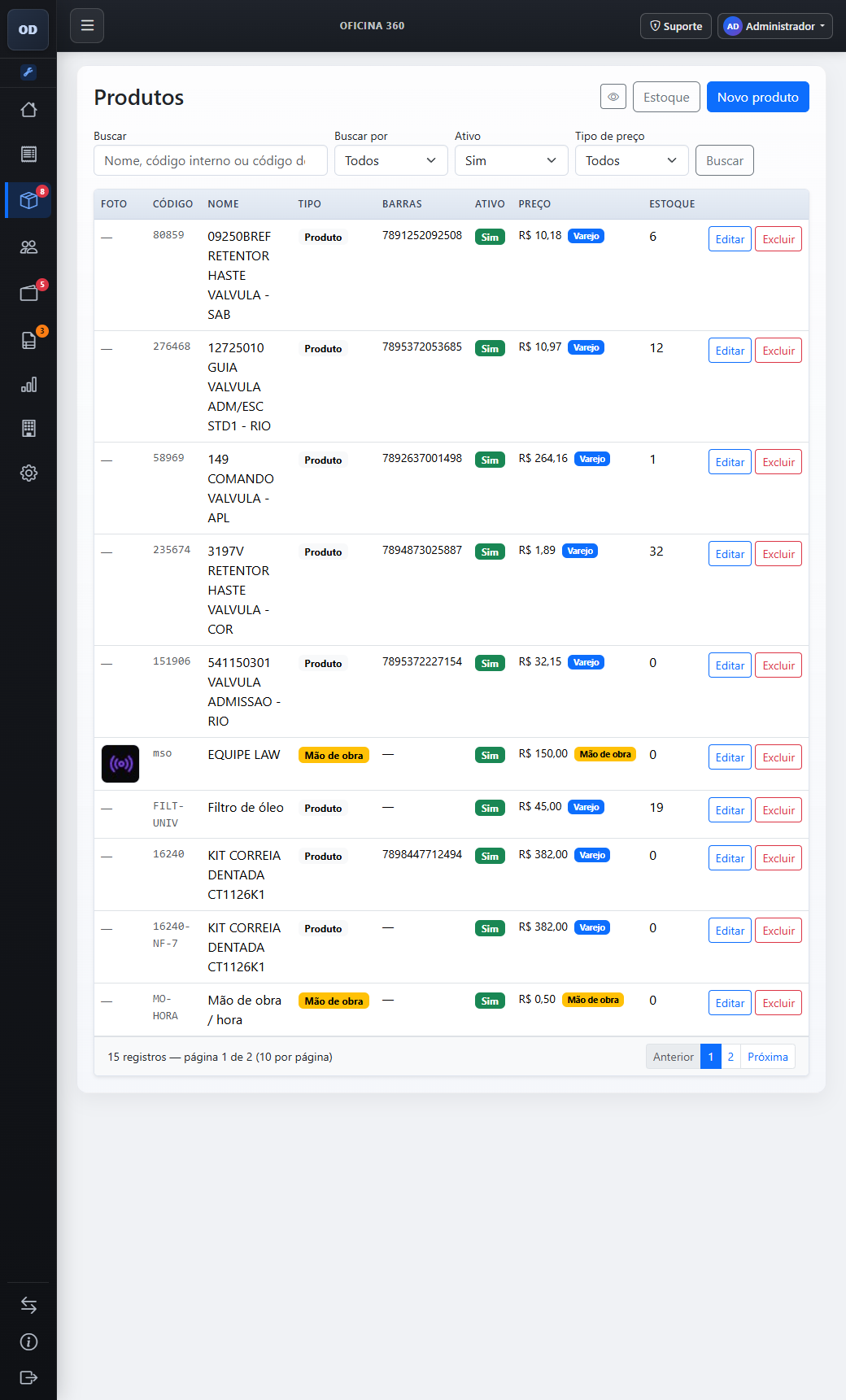 Cadastro de produtos e serviços no Oficina 360